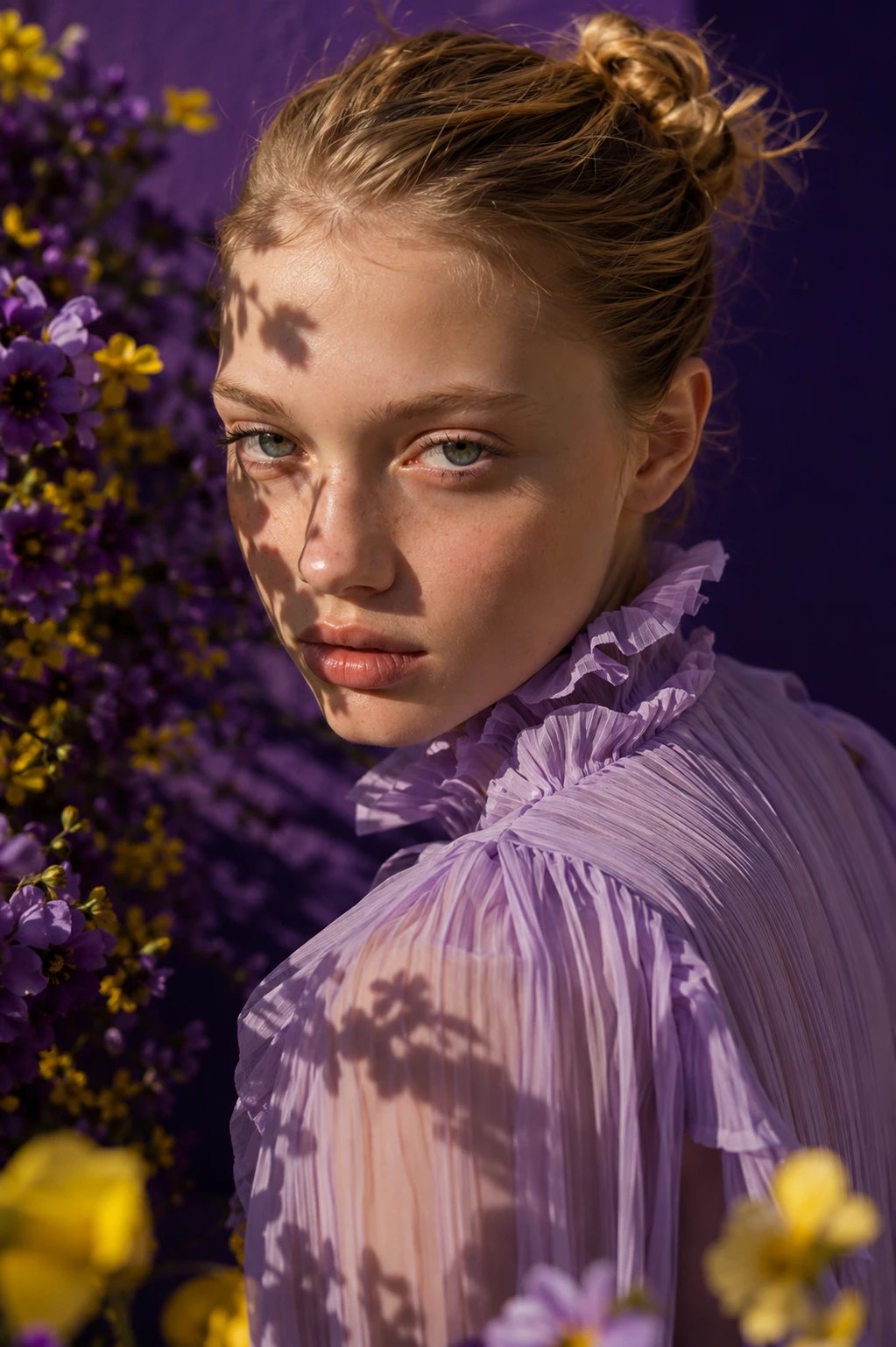 Lilac pleats and dappled flower shadow on violet