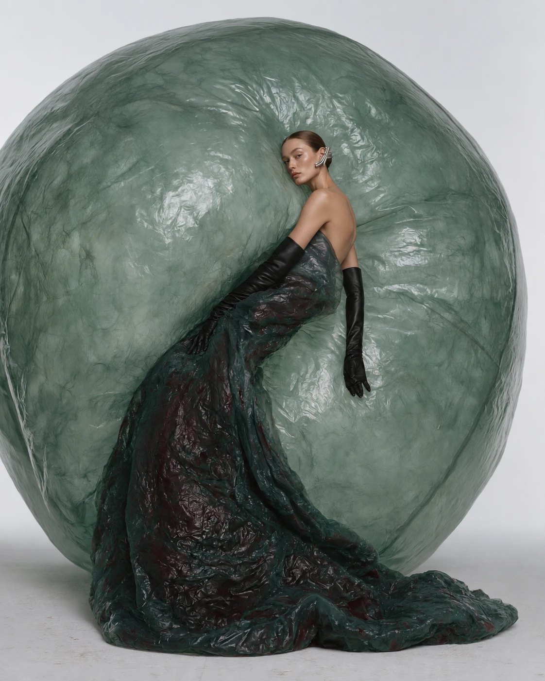 Model in a dark green gown against a large green sphere